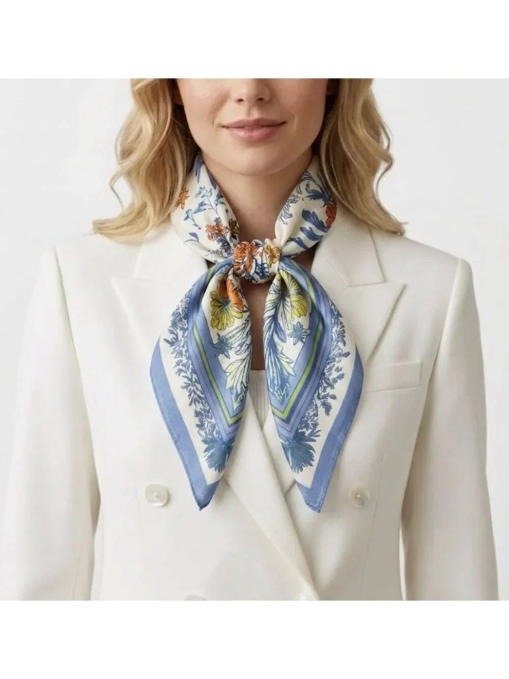 ✨Luxury Elegant Blue Floral Silky Square Scarf Beige Blue Neck Accessory Hijab